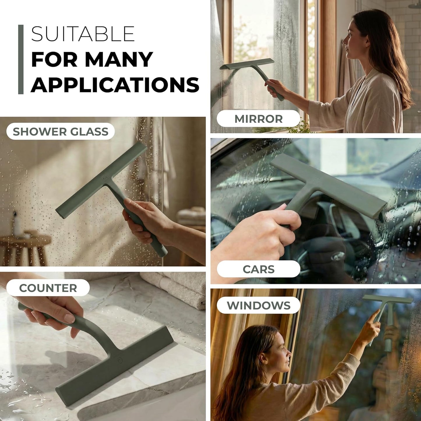 GÜTEWERK Silicone Shower Squeegee for Glass Doors & Mirrors with Stainless Steel Core, Streak-Free & No-Squeak Window Cleaning, 3-in-1 No-Drill Mount (Hook/Suction/Adhesive), Black, 9''