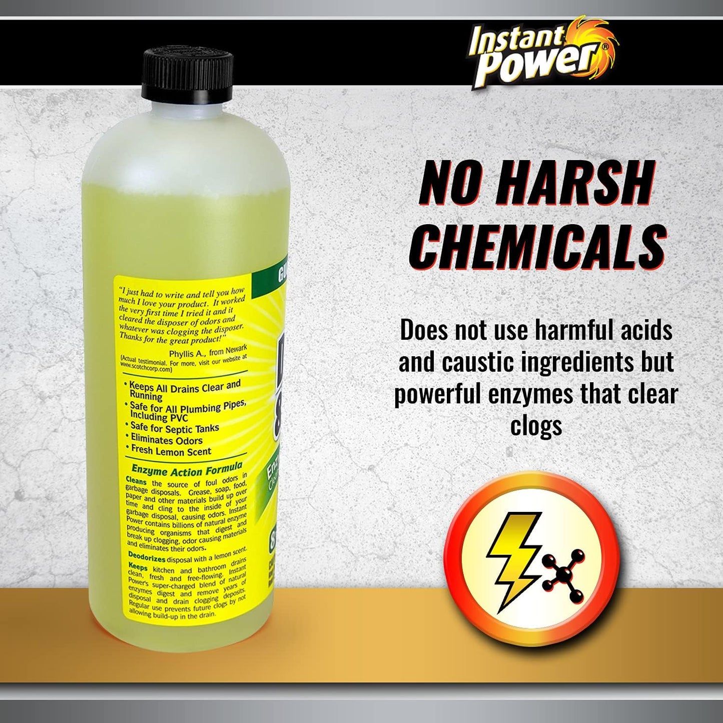 Instant Power Disposal and Drain Cleaner – Liquid Enzyme Clog Remover, Cleans and Deodorizes, Removes Drain Blockages, Fresh Lemon Scent 33.8 Fl oz, 1 Liter 4 Pack