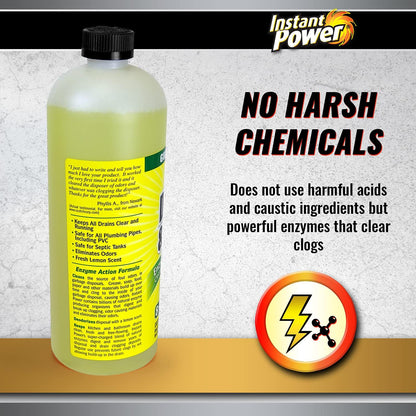 Instant Power Disposal and Drain Cleaner – Liquid Enzyme Clog Remover, Cleans and Deodorizes, Removes Drain Blockages, Fresh Lemon Scent 33.8 Fl oz, 1 Liter 4 Pack