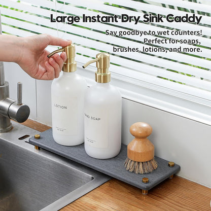 Razborci Water Absorbing Stone Sink Caddy, Diatomite Kitchen Sink Organizer, Bathroom Counter Tray, Faucet Drying Mat Coaster Soap Dish Rack Riser Dispenser Sponge Holder, Silver, White 10" x 4"