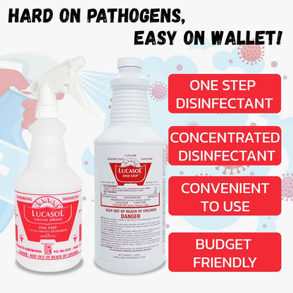 Lucasol One Step Disinfectant, 32 Fl Oz Disinfectant & 24 Oz Empty Refillable Spray Bottle Combo. Multi Purpose Cleaner Spray For Hospitals, Schools, Salons, Household Cleaning And More