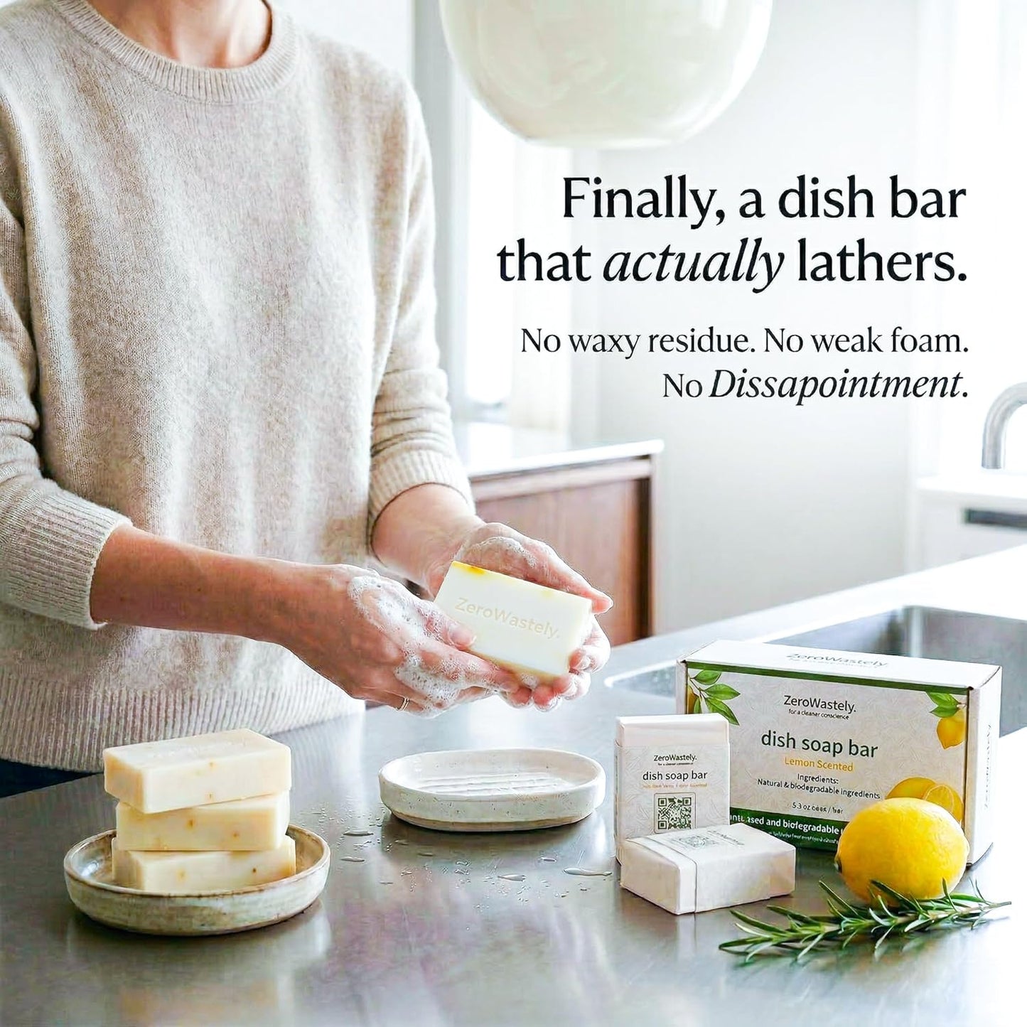 ZeroWastely Natural Dish Soap Bar - Value Pack of 3 Solid Soap Block 16oz - Lemon Scented, Long Lasting, Skin Friendly - Sustainably Made from 100% Organic Ingredients - Plastic Free Dish Soap
