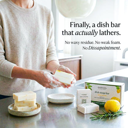 ZeroWastely Natural Dish Soap Bar - Value Pack of 3 Solid Soap Block 16oz - Lemon Scented, Long Lasting, Skin Friendly - Sustainably Made from 100% Organic Ingredients - Plastic Free Dish Soap