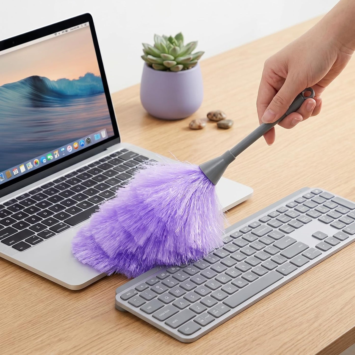 Goaste 12 Pack Microfiber Delicate Duster, 12.8 Inch Fluffy Feather Dusters with Plastic Handle, 2 Colors Electrostatic & Washable Cleaning Tool for TV Screen, Car, Laptop, Keyboard (Purple & Gray)
