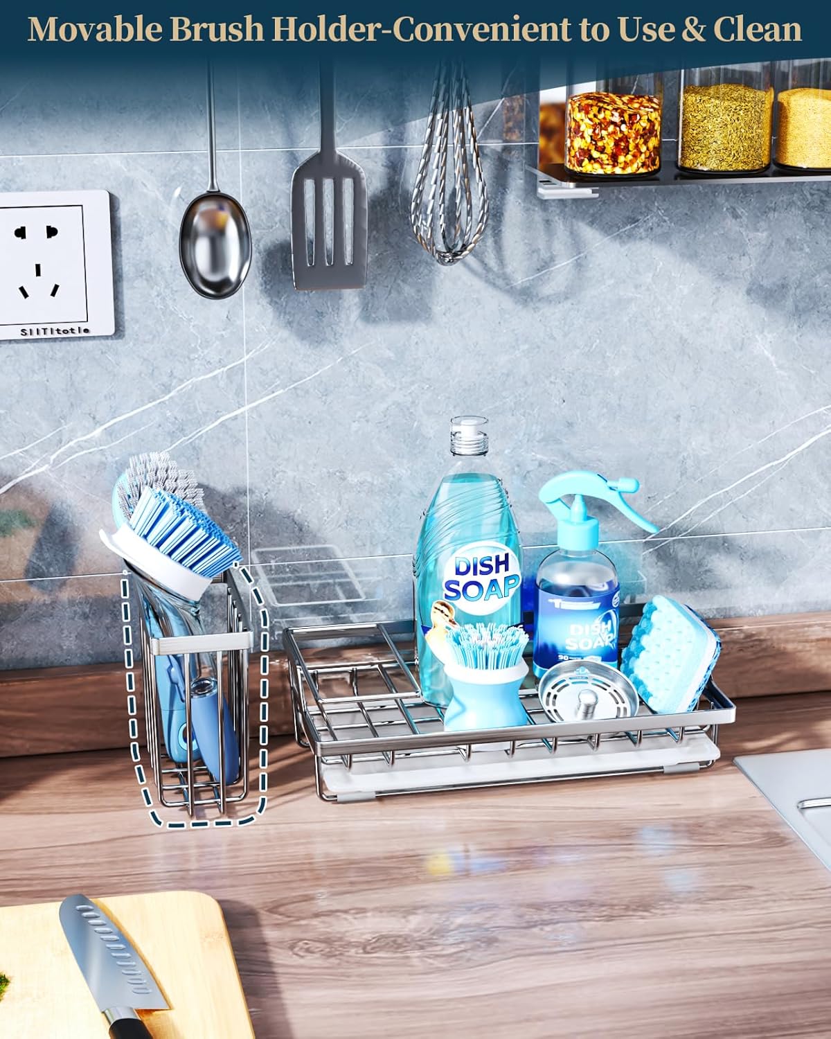 Consumest Sink Caddy, Kitchen Sponge Holder with Dish Brush Holder, Kitchen Organizer with Drip Tray for Countertop, Stainless Steel Rustproof - Silver