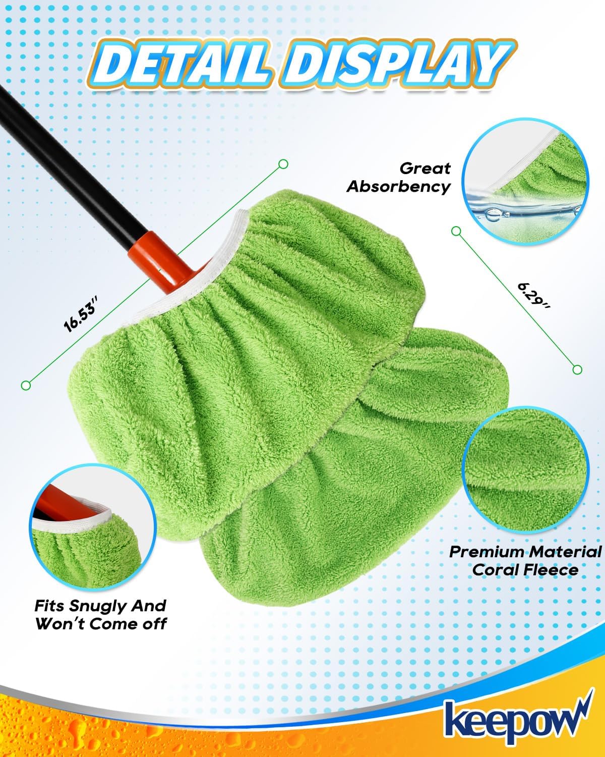 KEEPOW 4 Pack Washable Chenille Broom Pads, Baseboard Cleaner Cloth Covers for Daily Dusting, Reusable Broom Covers Compatible with Standard Brooms Under 11×5.9 in for Floors & Walls (Blue & Green
