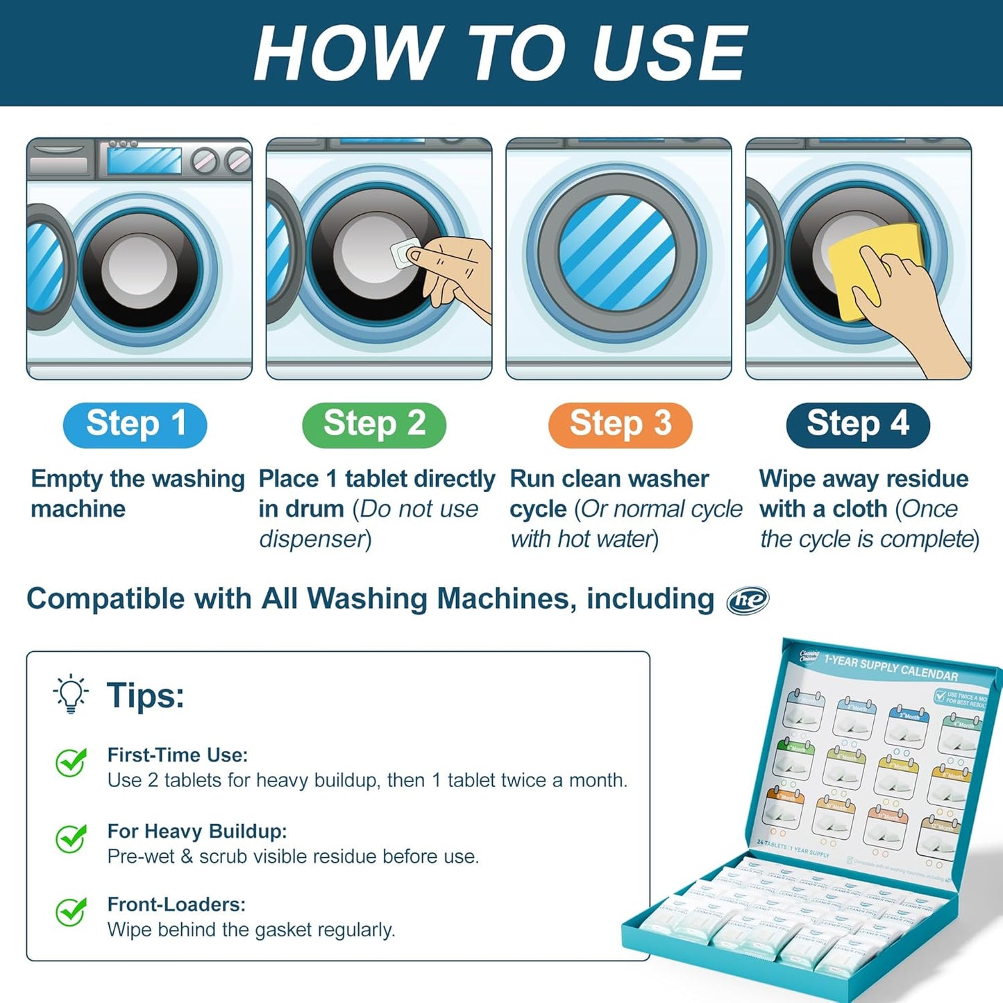 Washing Machine Cleaner Pet-Hair-Remover for Laundry, Cleaning Supplies for Odors and Grime, Safe for Pets, 24 Tablets, 1 Year Supply