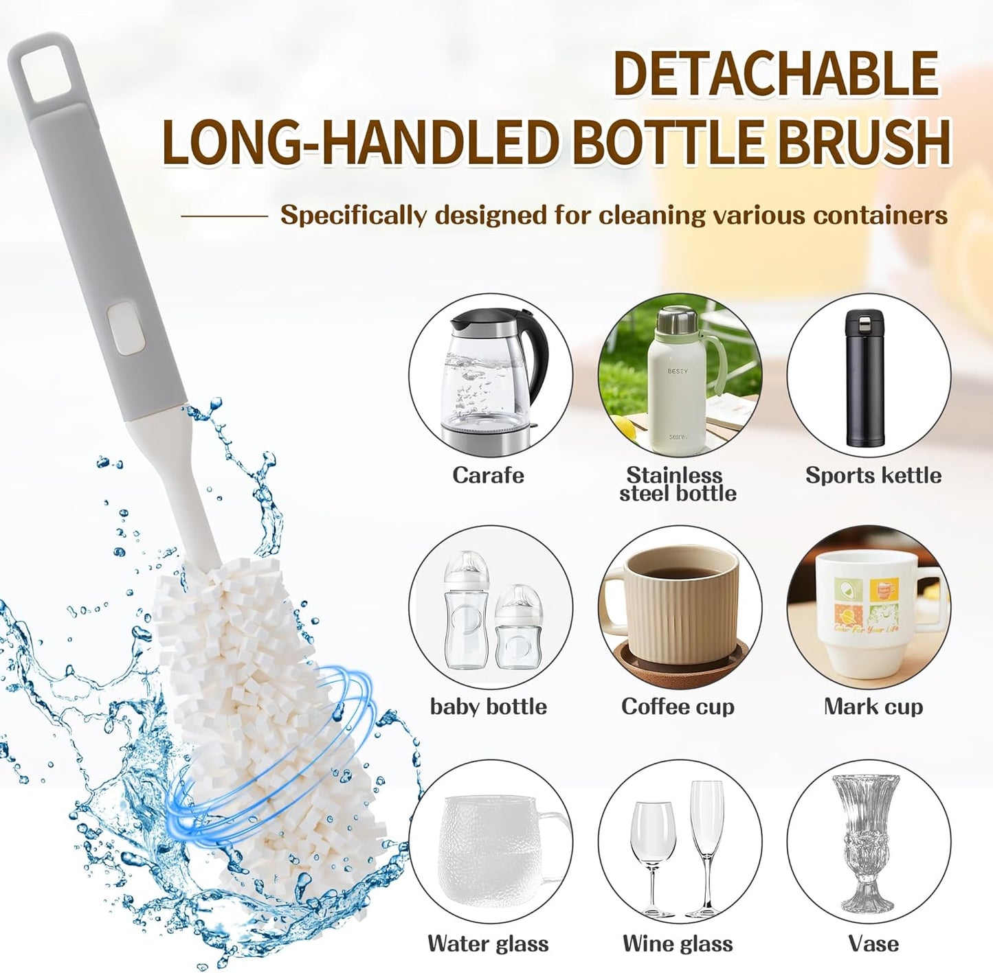 Five-Piece Bottle Brush Cleaning Set Includes 4 Straw Cleaning Brushes and 1 Cup Brush with Detachable Long Handle. Suitable for Cleaning Straws, Glasses, and Water Cups.