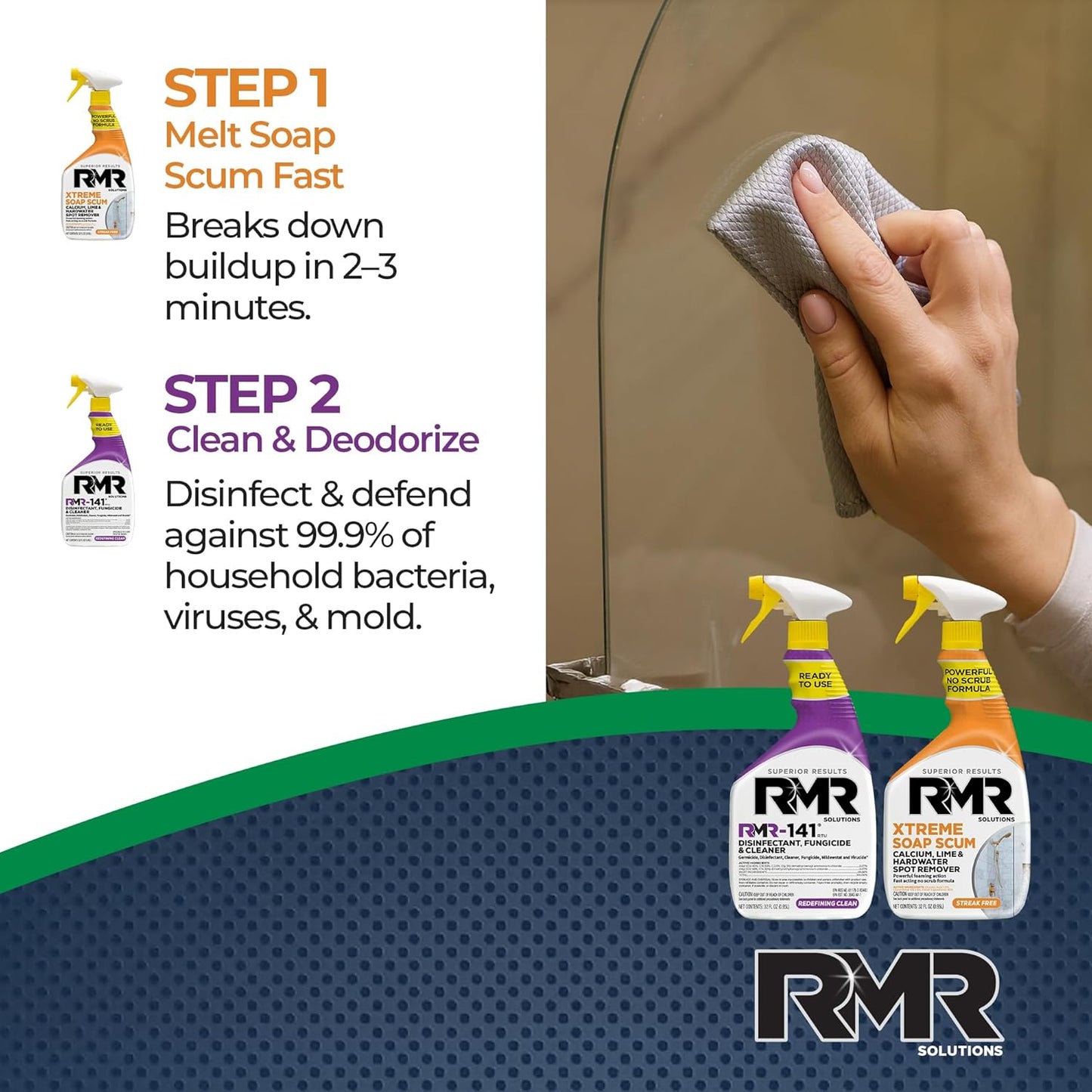 RMR Polish & Protect Bundle – Xtreme Soap Scum Remover + RMR-141 EPA Registered Mold & Mildew Spray, 2-Step Clean & Disinfect System for Buildup, Hard Water, Tile, Surfaces, Glass, 2–32 Oz Bottles