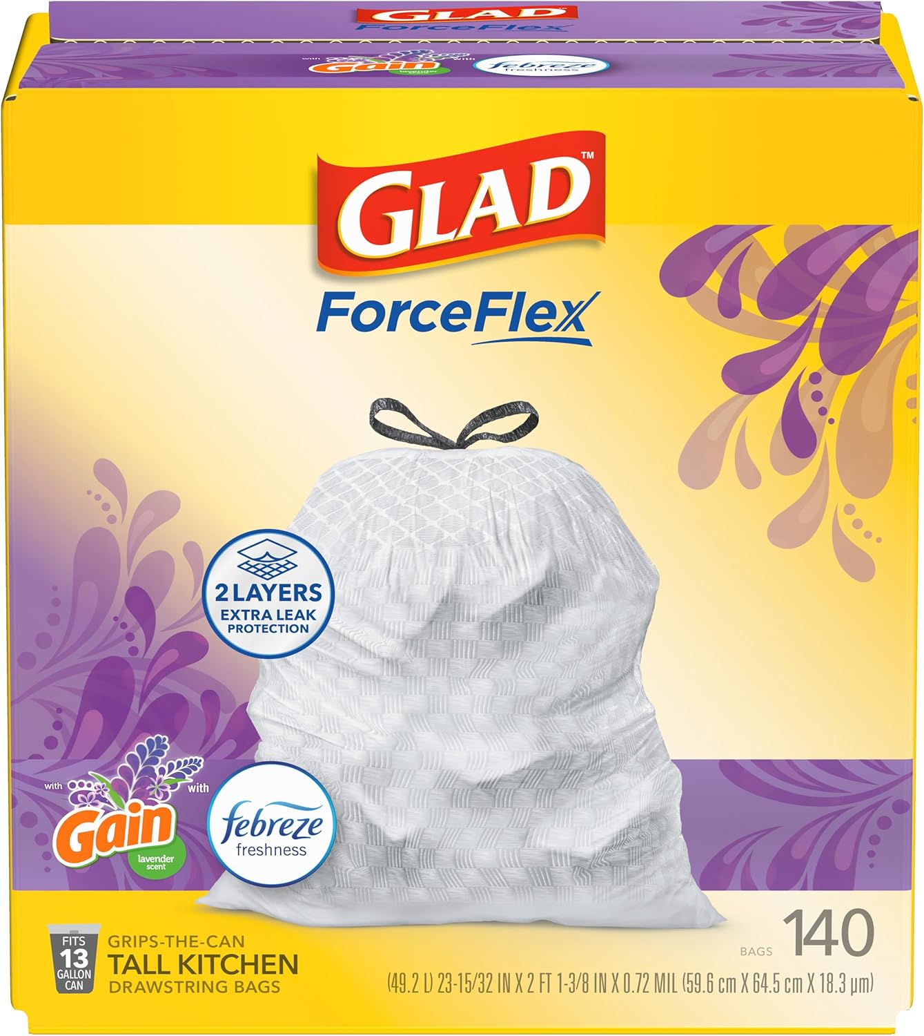 Glad ForceFlex Tall Kitchen Trash Bags, 13 Gal, Gain Lavender with Febreze, 110 Ct (Pack May Vary)