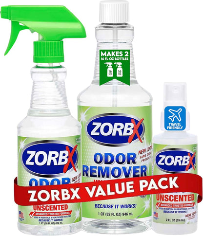 ZORBX Unscented Odor Eliminator for Strong Odor 2 Fl Oz Pack of 5 - Used in Hospitals & Healthcare Facilities - Advanced Formula, Fast-Acting Odor Remover Spray for Dog, Cat, House & Carpet