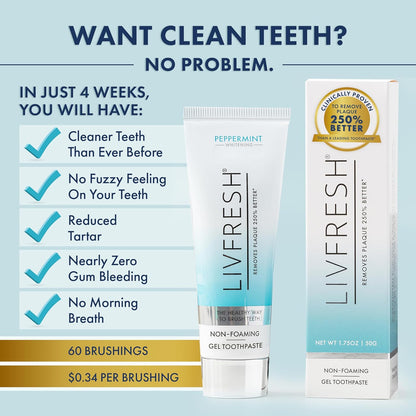LIVFRESH Toothpaste Gel, Clinically Proven to Remove Plaque 250% Better, Improves Gum Health 190% Better, Prevents & Reduces Tartar, Mild Peppermint
