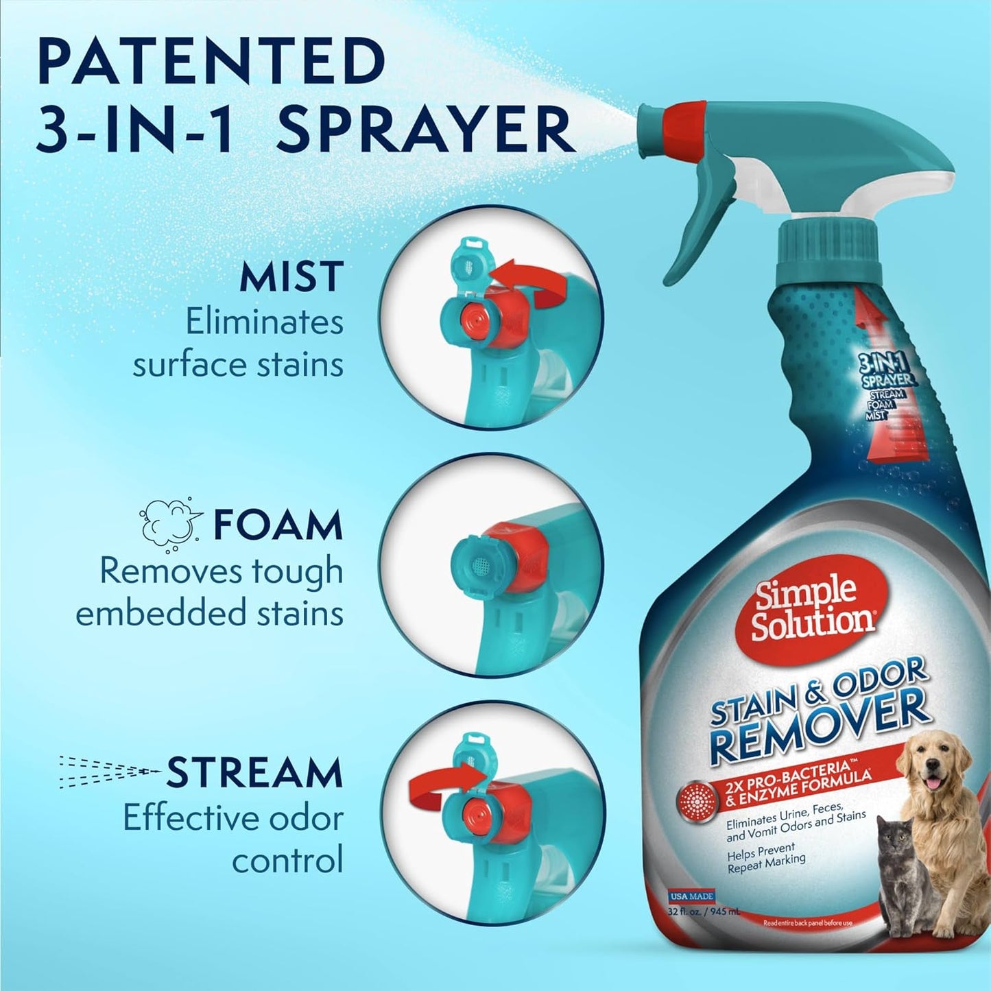 Simple Solution Stain and Odor Eliminator Spray, Enzyme Carpet Cleaner for Dogs and Cats, Pet Stain Remover and Urine Odor Eliminator, Multi Surface Pet Cleaning Solution, 32 oz (Pack of 2)