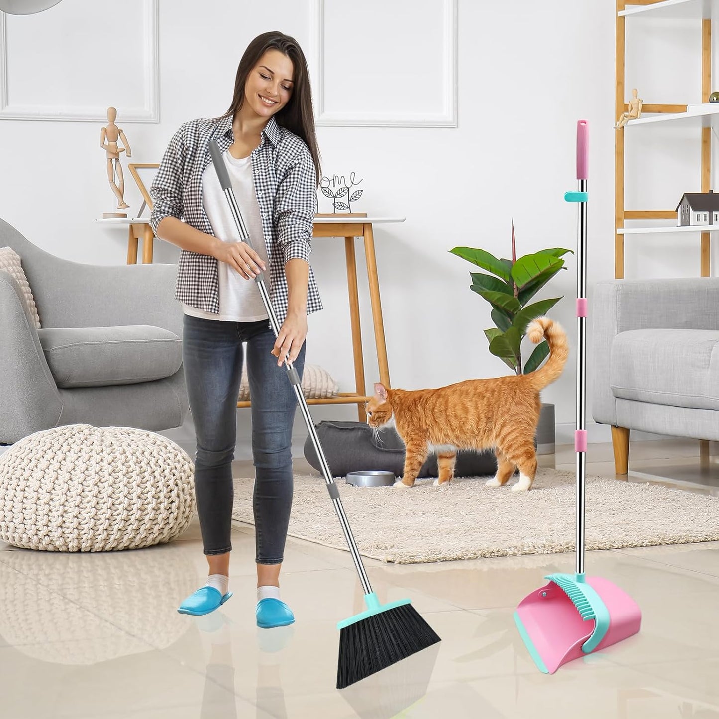 NACENA Broom and Dustpan Set, 52-in Long Adjustable Handle Broom Dustpan Combo with Dustpan Teeth to Automatically Clean Hair Suitable for Home Kitchen Office Hall Floor（Black&Red）
