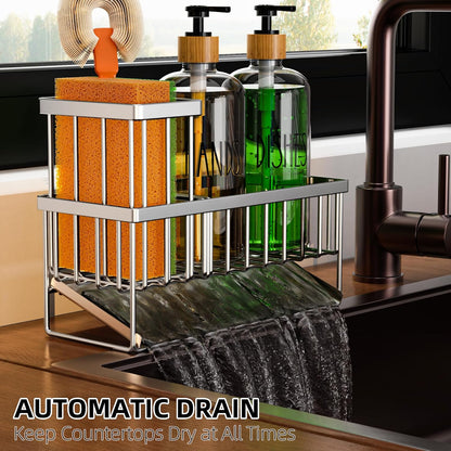 Cisily Kitchen Dish Soap Dispenser Set with 2 Pack 16.9oz Black Glass Bottle and Sponge Holder, Dish Soap Dispensers with Adjustable Sponge Holder, Vintage Hand and Dish Soap Dispensers Set