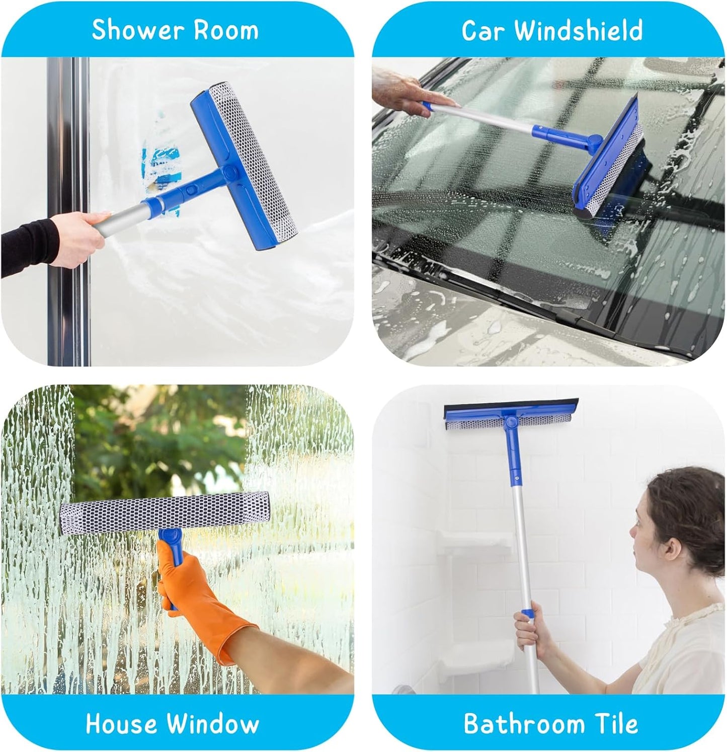 Shower Squeegee for Glass Door, 10'' Rubber Water Wiper for Bathroom Tile and Mirror, Clear Plastic Window Cleaner Tool, 2 Pack