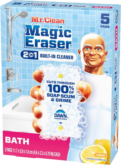 Mr. Clean Magic Eraser Sponge, Bathroom, Shower, Tub Cleaner, Soap Scum Remover, Bathroom Cleaning Supplies, Dawn Cleaning Power with Lemon Scent, Shower & Tub, 6ct