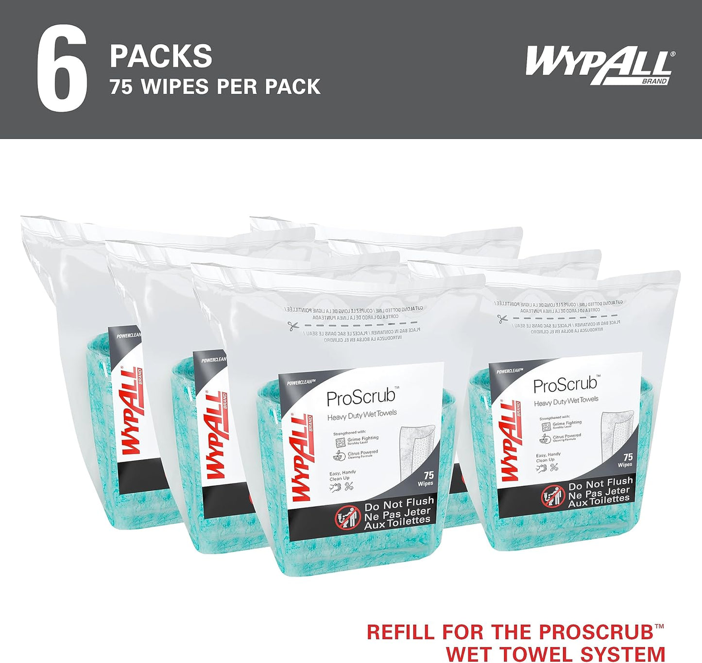 WypAll PowerClean ProScrub Heavy Duty Wet Towels (91371), Dual Action Cleaning, Large 9.5" x 12" Wipes, Bucket Included (6 Containers of 75 Sheets, 450 Sheet Total)