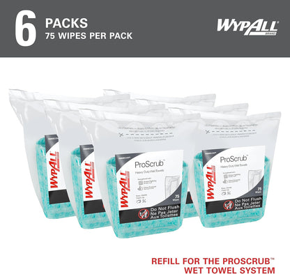 WypAll PowerClean ProScrub Heavy Duty Wet Towels (91371), Dual Action Cleaning, Large 9.5" x 12" Wipes, Bucket Included (6 Containers of 75 Sheets, 450 Sheet Total)