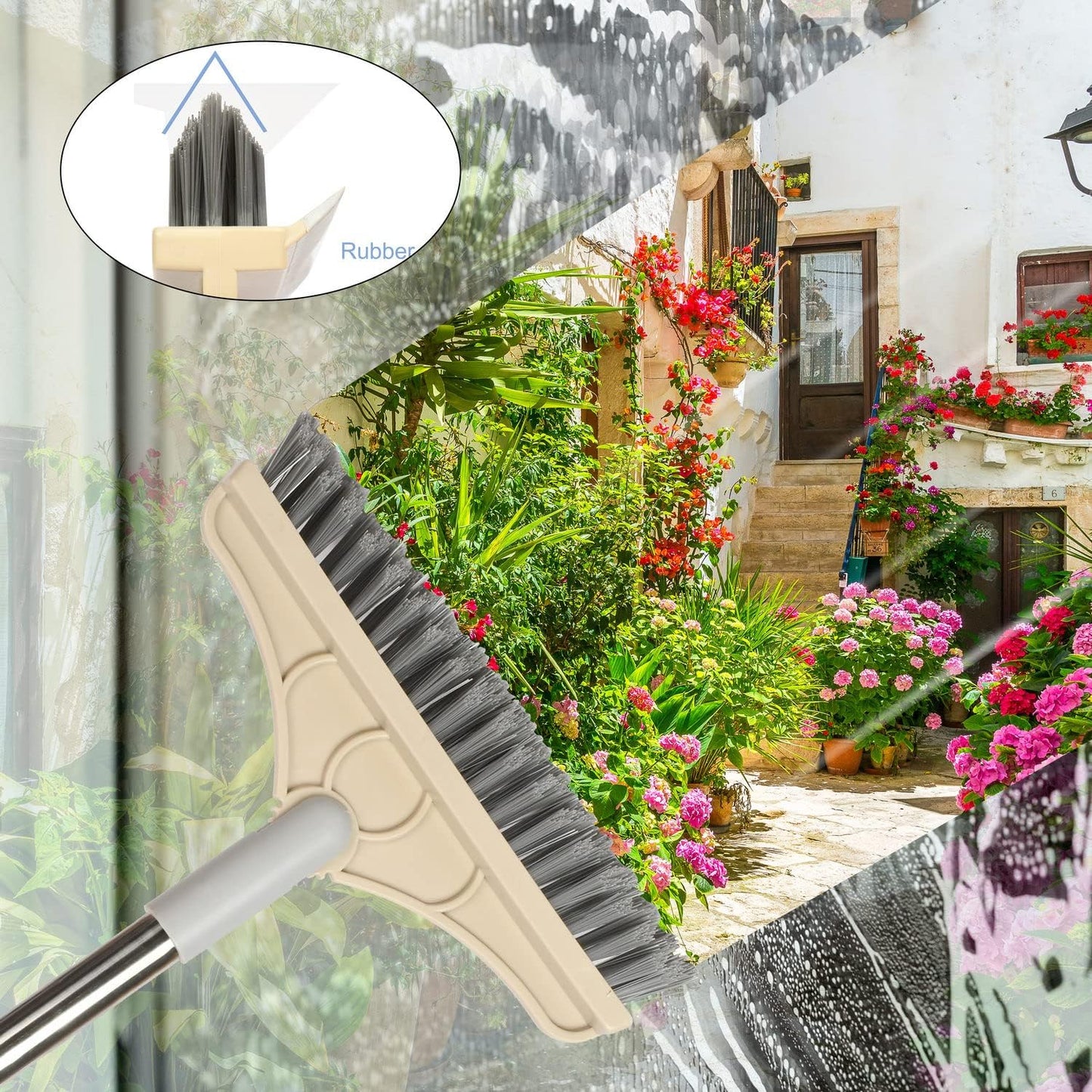 2 in 1 Floor Brush Scrubber with Long Handle Grout Brush 3 Poles 53.5'' New Upgrade Stiff Bristle Cleaning Scrub Brush with Squeegee 120°Rotating Tile Brush for Cleaning Bathroom Glass Patio Kitchen