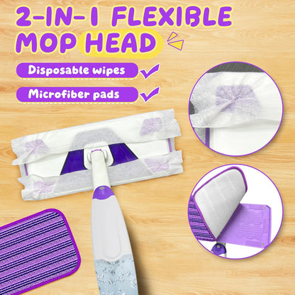 2-Set Toy Mop for Kids - Toddler Real Spray Flat Floor Mop Montessori Cleaning Toy Set, Educational and Fun Gifts for Boys and Girls Ages 4+