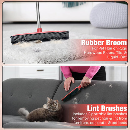 Hybrid Dog Pet Hair Removal Broom with Squeegee – Adjustable Handle Rubber Broom for Pet, Hardwood Floors, Tile, & Liquid-Dirt with 2 Portable Hair Brushes & Cloth