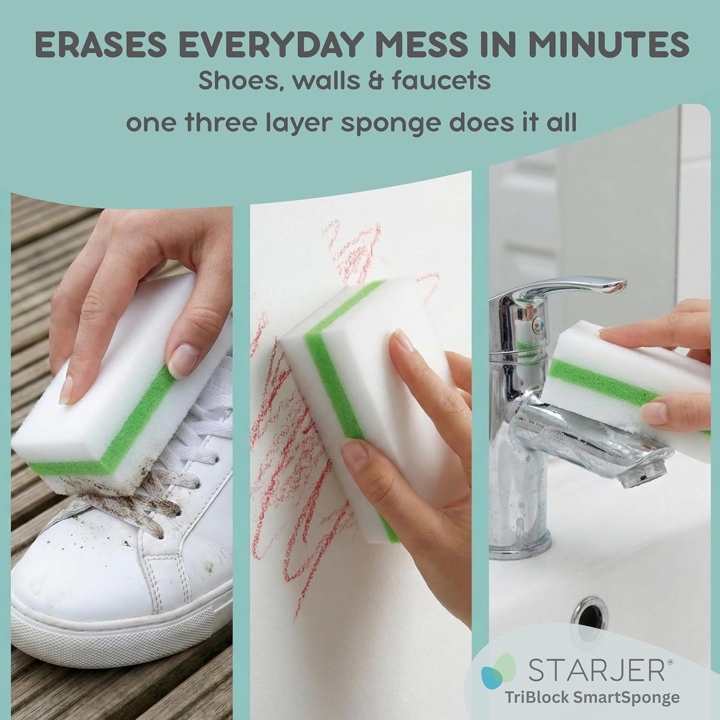 Eraser Melamine sponge 3-Layer magic sponge Cleaning Block Flip and Reuse, 4X More Durable Wall Cleaner for Painted Walls Shower Glass boat Skirting car sneaker Stain Remover White Shoe Cleaner,6 Pack