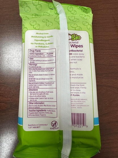 Boogie Antibacterial Hand Wipes by Boogie, Alcohol Free, Hypoallergenic and Moisturizing Aloe, for Kids and Adults -100 Total Wipes (5 Packs of 20)