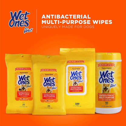 Wet Ones for Pets Antibacterial Dog Wipes, Multi-Purpose Grooming Wipes with Aloe Vera for Paws, Face & Body, Easy Cleanups Between Baths, Tropical Splash Scent, 5.7 in x 7.5 in, 50 Count