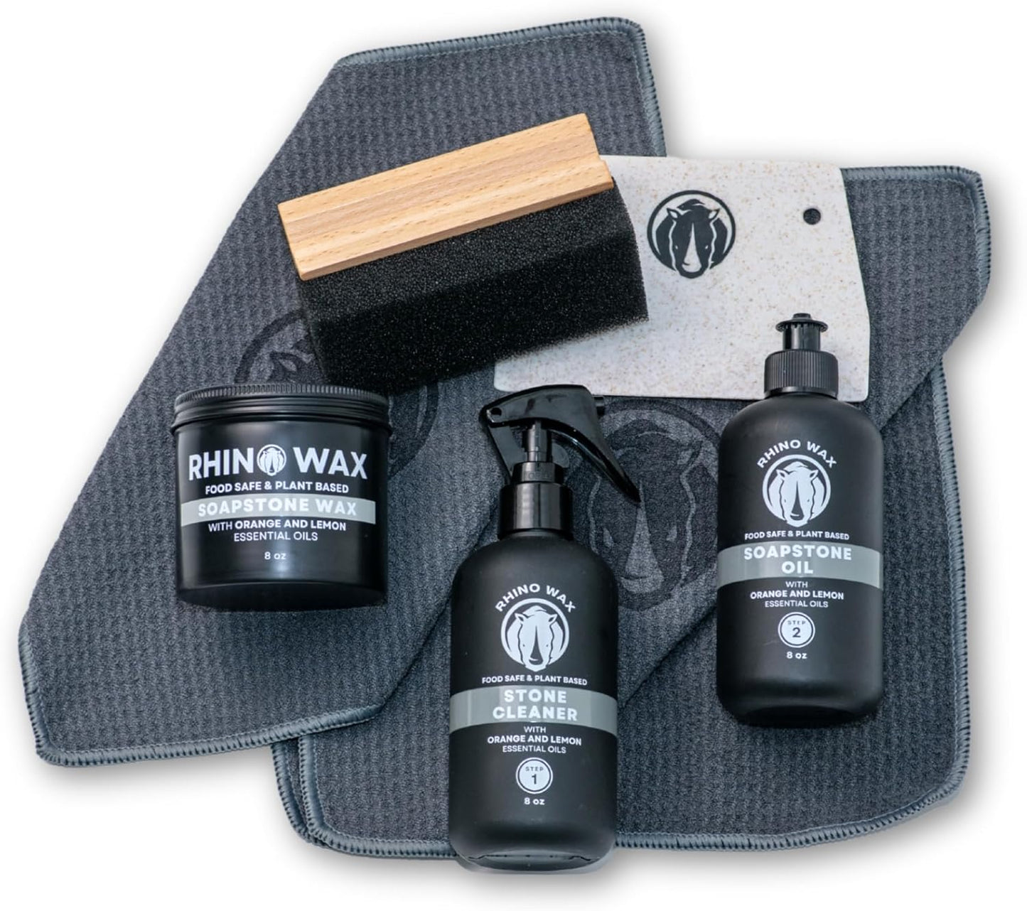 Rhino Wax Soapstone Ultimate Care Kit - Soapstone Wax, Soap-Stone Oil, Stone Spray Cleaner, Scraper, Large Applicator, 3 Microfiber Cloths - Complete Protection for Stones Surfaces - Made in USA