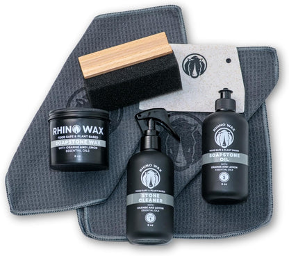 Rhino Wax Soapstone Ultimate Care Kit - Soapstone Wax, Soap-Stone Oil, Stone Spray Cleaner, Scraper, Large Applicator, 3 Microfiber Cloths - Complete Protection for Stones Surfaces - Made in USA