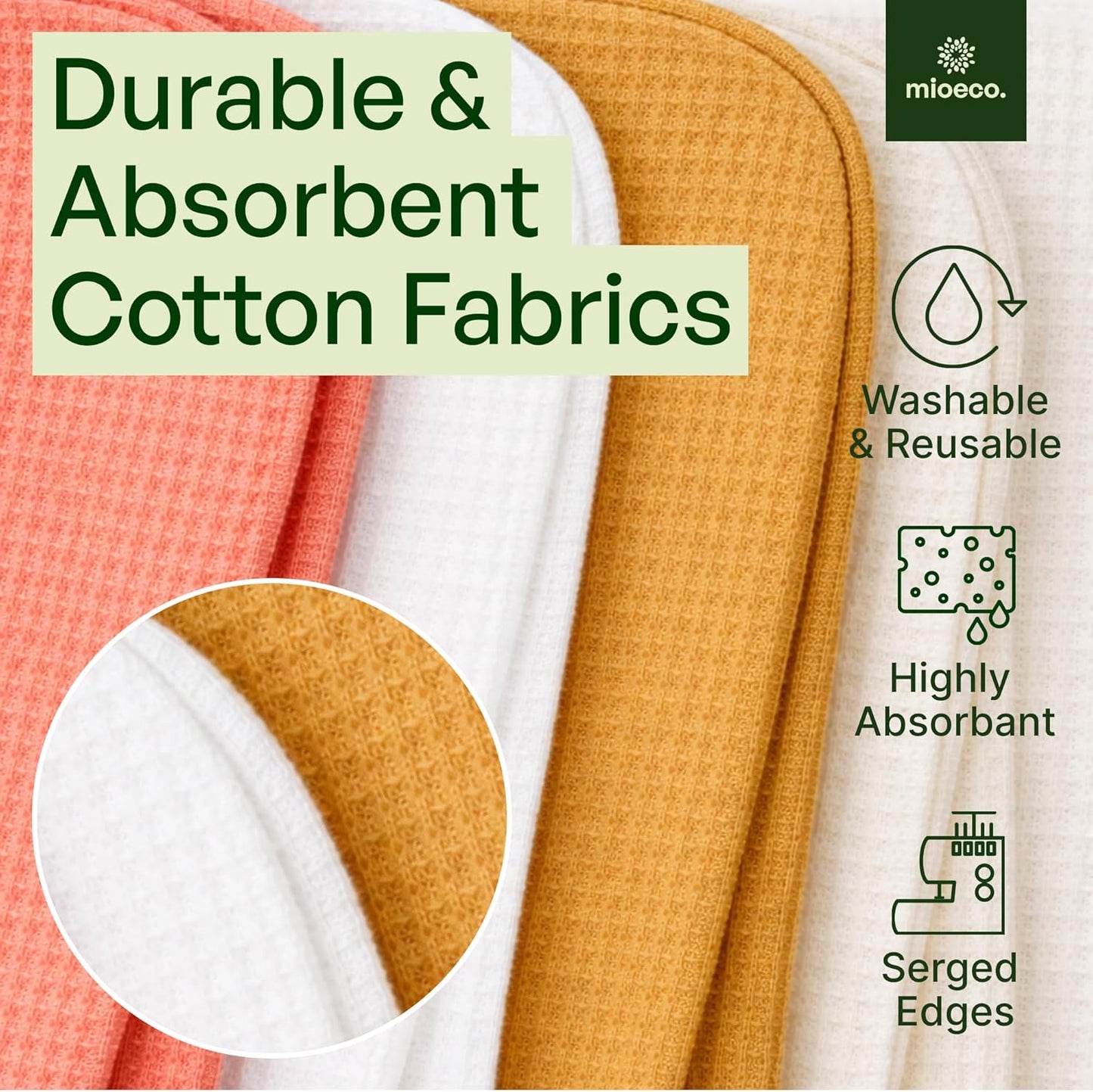 mioeco 20 Pack Reusable Kitchen Paper Towels Washable - Super Absorbent Natural unPaper Towels - Natural Cotton - Reusable, Paperless Kitchen Dish Cloths - 100% Organic
