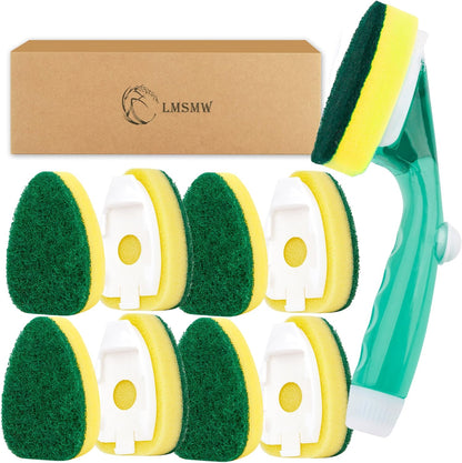 Dish Wand with 9 Refills, Dishwand with Sponge Refills, Soap Dispenser Handle with Replaceable Non Scratch Sponge Heads, Dishwashing Scrubber Brush Set for Kitchen Pots Pans Sink Cleaning