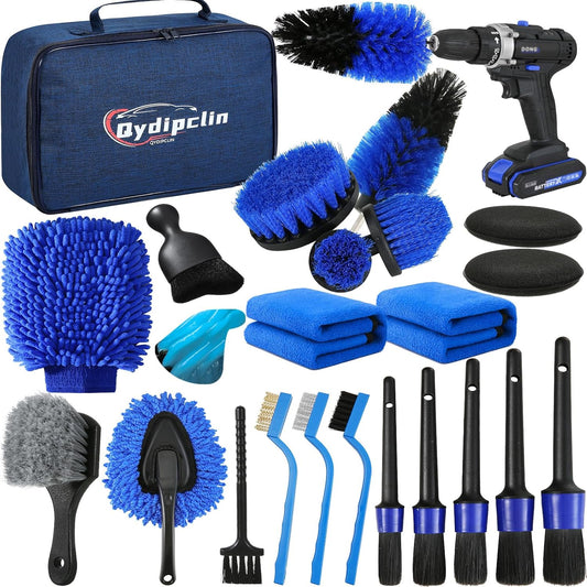 Qydipclin 34Pcs Car Detailing Kit, Car Detailing Brush Set, Car Wash Cleaning Kit, Car Detailing Brushes, Professional Car Care Kit for Interior Exterior Wheels, Blue