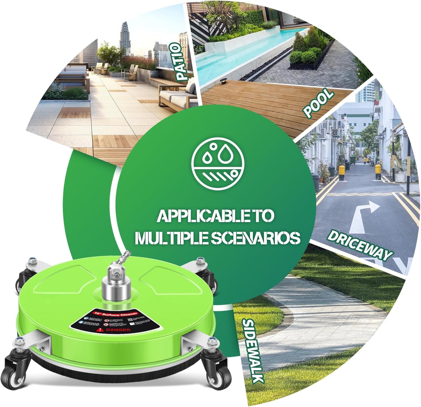 14" Pressure Washer Surface Cleaner with 4 Wheels - Stainless Steel Surface Cleaner for Pressure Washer Attachment for Concrete, Patio, Sidewalk, Deck and Driveways - PWS14