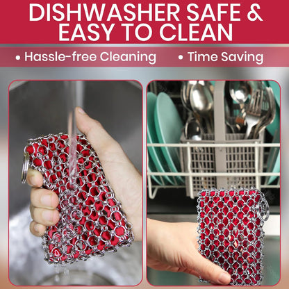 Cast Iron Scrubber Chainmail - 316L Cast Iron Cleaner Scrubber and Bamboo Cloth Set - Chain Mail Scrubber - Stainless Steel Chainmail Scrubber for Skillet, Pan, Dutch Oven - Essential Accessory