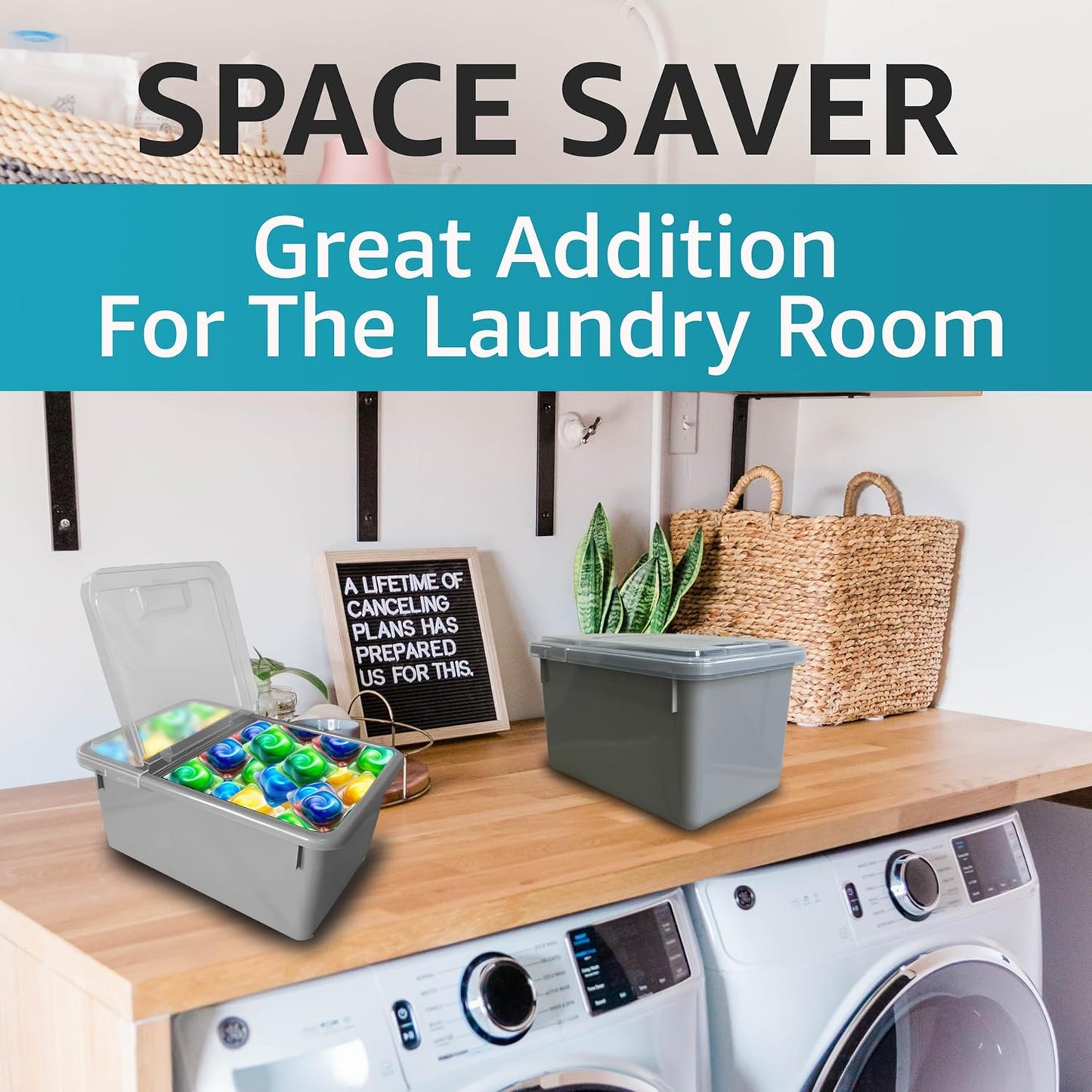 Skywin TidyFriend Laundry Pods Container with Lift Up Lid, 12.4" x 6.5" x 8.7", Airtight Storage Keeps Pods Fresh, Laundry Detergent Container & Dishwasher Pod Holder (Grey)