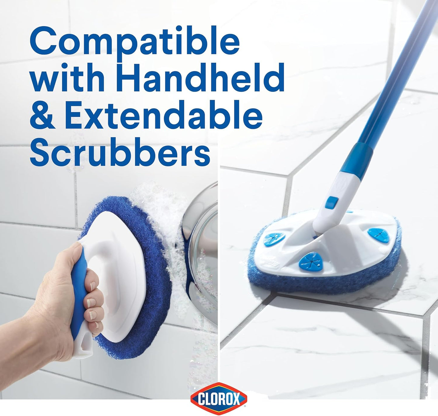 Clorox Extendable Tub & Tile Scrubber Refill, Diamond-Shaped Head Replacement Scrubber Pad, Blue