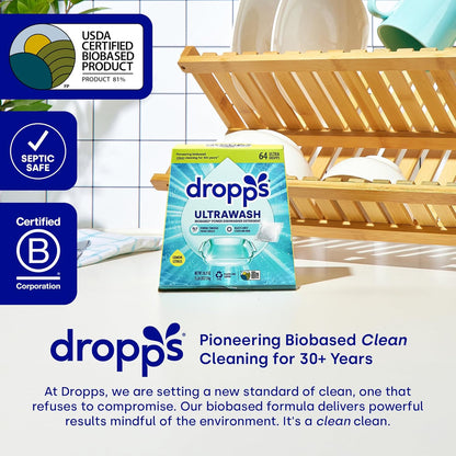 Dropps UltraWash Dishwasher Detergent Pods, Lemon Citrus (32 Ct) - Cuts Grease & Stuck-On Food | Sparkling Dishes & Glasses | Residue-Free | Clean Ingredients | No Pre-Rinse | Plastic Free Packaging