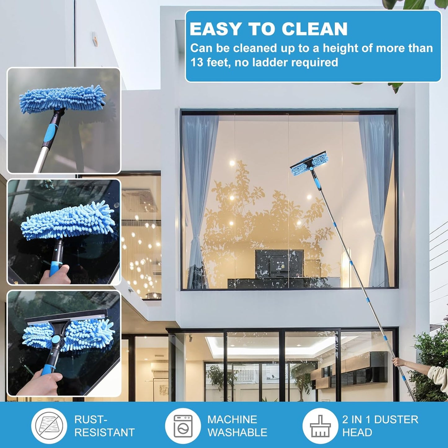 Rainbow Extendable Static Duster Reusable Microfiber Duster with 100" Telescoping Pole, Beandable and Washable Dusters Head for Cleaning Ceiling, Fan, Furniture