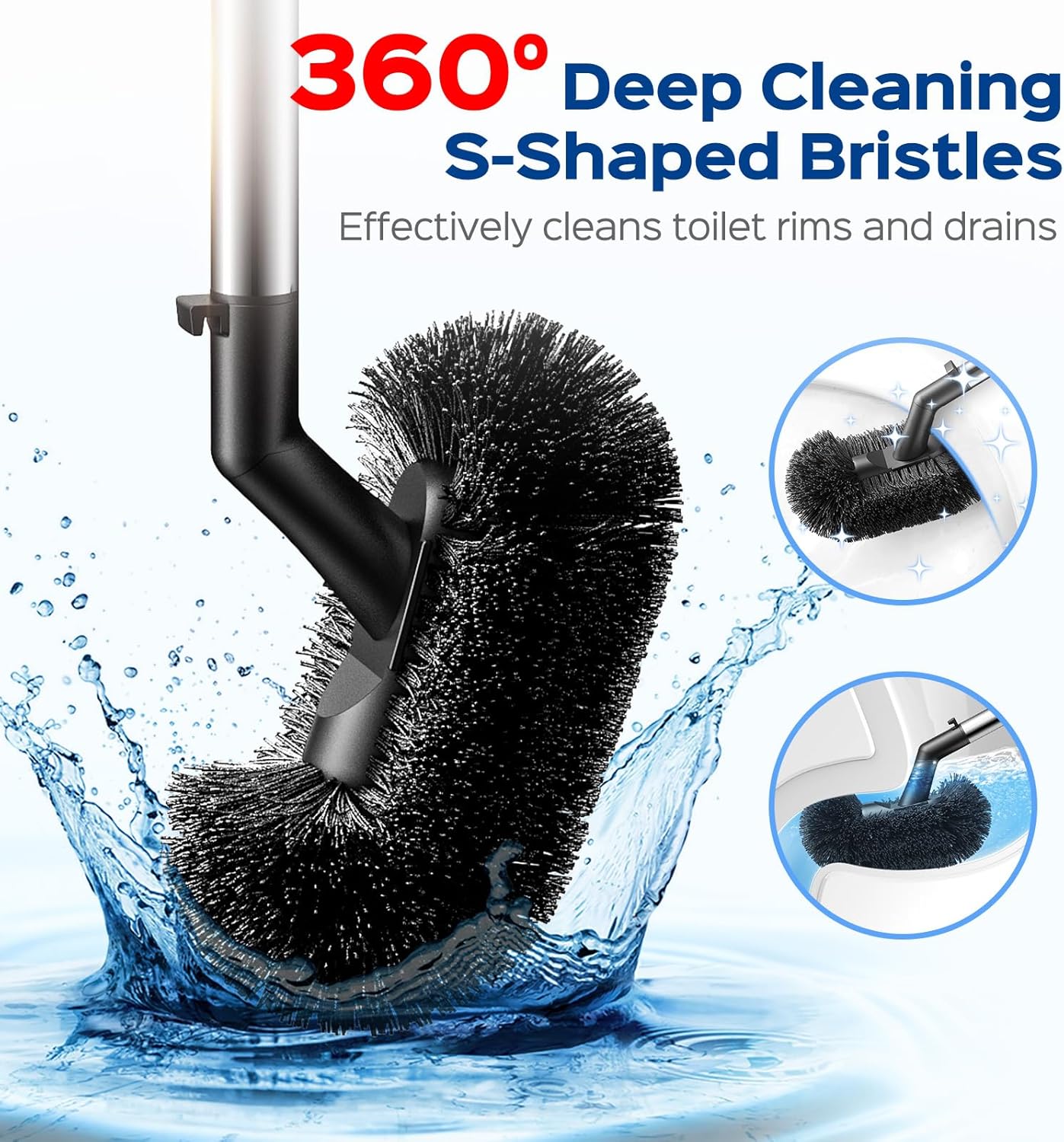 HAMITOR Toilet Plunger and Brush Set: 2 in 1 Stainless Steel Bowl Brush with Holder, Deep-Cleaning Curved Bristles and Heavy Duty Unclogger, Compact Design for Household & Hotel, Silver, 2-Pack
