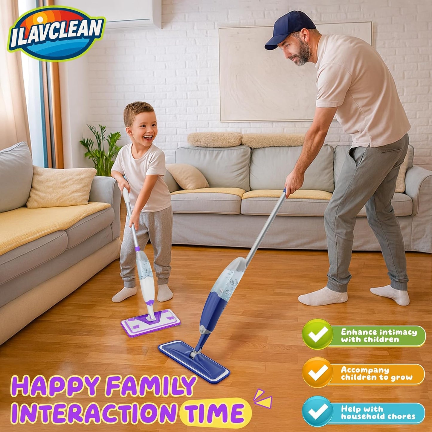 2-Set Toy Mop for Kids - Toddler Real Spray Flat Floor Mop Montessori Cleaning Toy Set, Educational and Fun Gifts for Boys and Girls Ages 4+