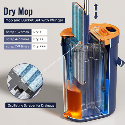 HoMettler Mop and Bucket Set with Wringer, 3-Tank Flat Mop and Bucket System, Wall Mop Cleaner with Long Handle, Hands Free Mops for Floor Cleaning with 4 Microfiber Pads