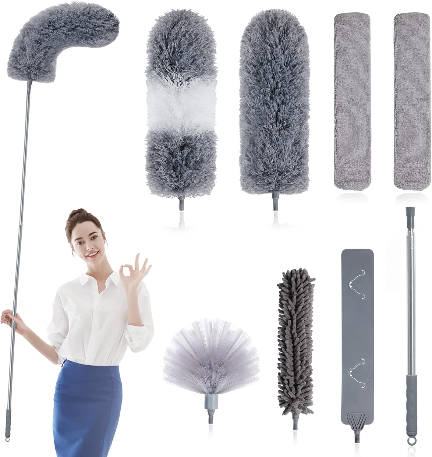 BOOMJOY Microfiber Feather Duster with Extendable Pole and Bendable Head, 100" Telescoping Duster for Cleaning Ceiling, Fan, Furniture