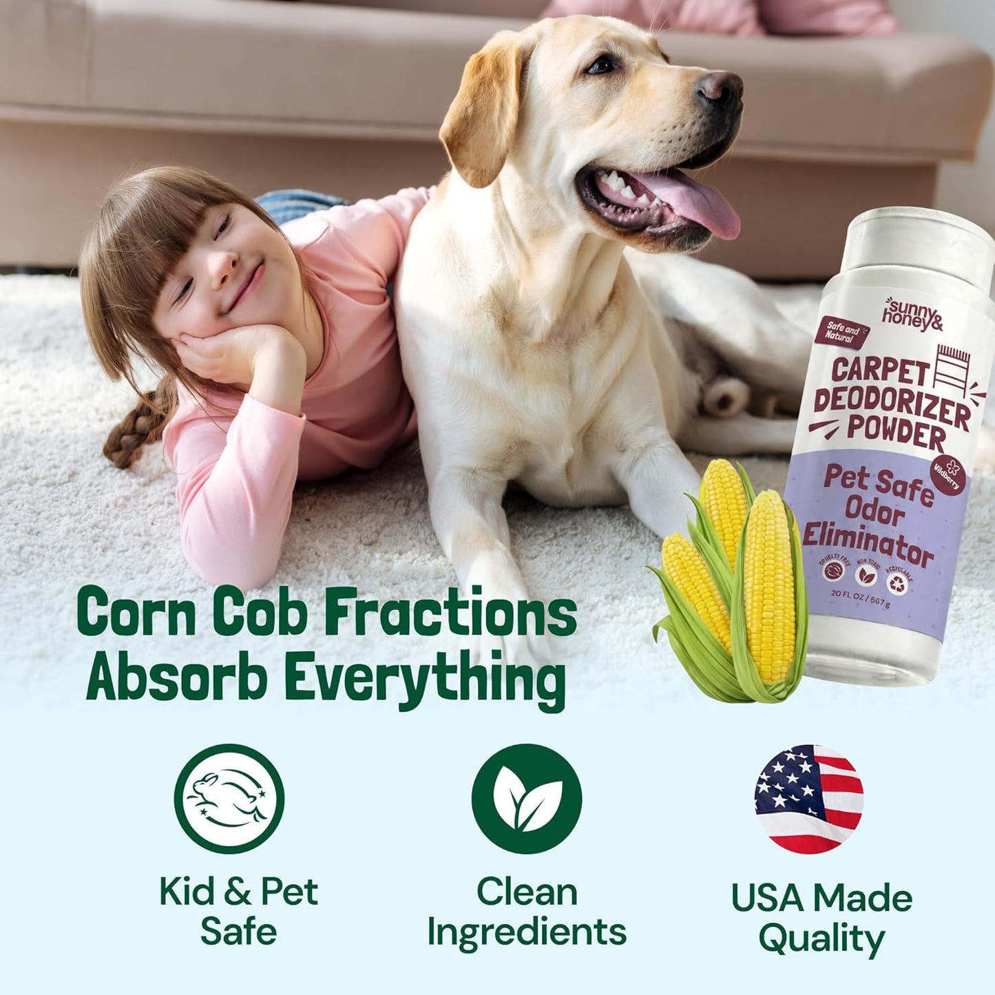 Sunny & Honey Carpet Deodorizer and Freshener Powder - Pet Safe Rug Refresher for Vacuuming - Berry Odor Eliminator for Strong Odor and Pet Urine (20 oz)
