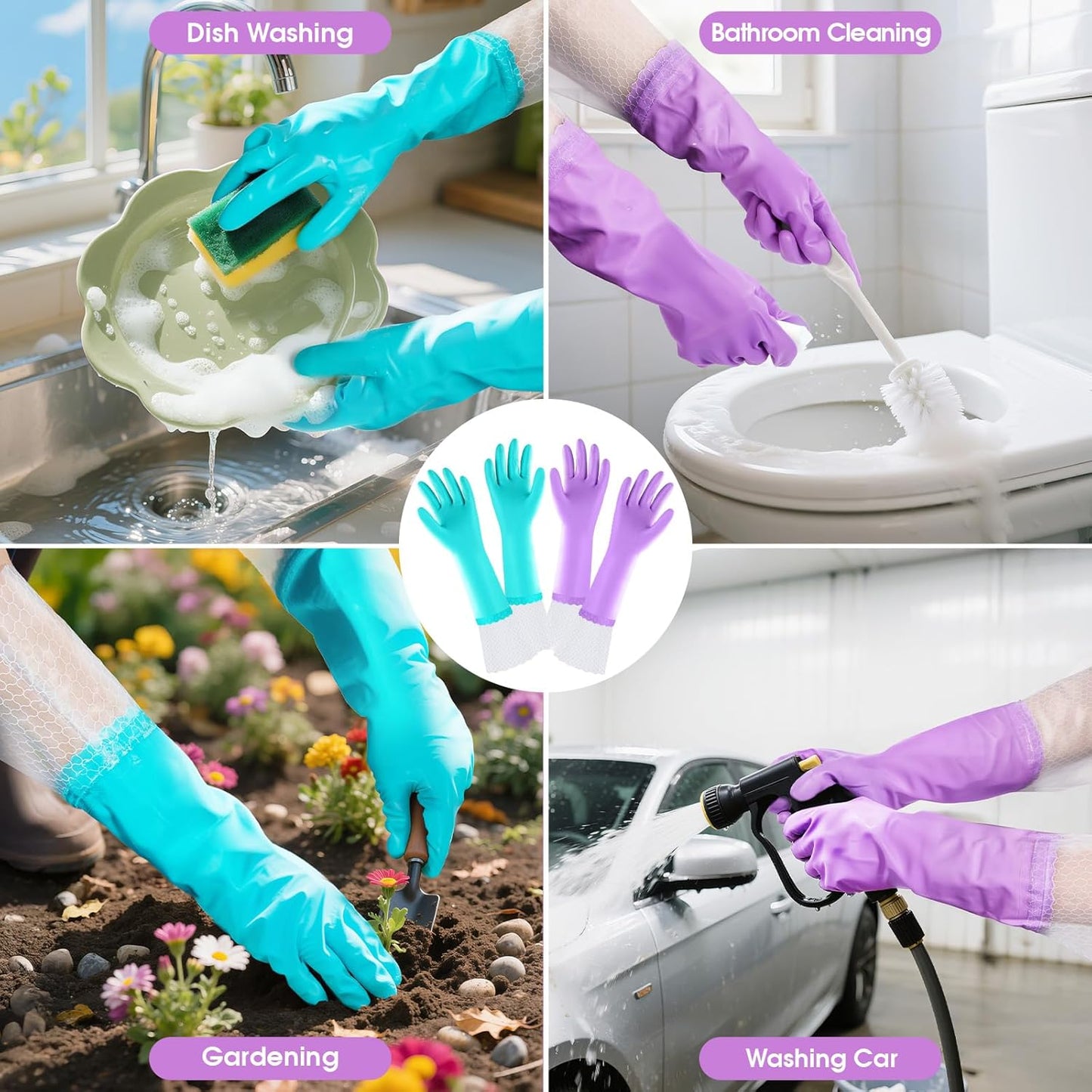 Elgood Reusable Dishwashing Cleaning Gloves with Latex free, Cotton lining,Kitchen Gloves 2 Pairs,Purple+blue Medium