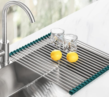Tomorotec 17.7" x 15.5" Roll Up Dish Drying Rack Over Sink Drying Rack Sink Cover Kitchen Sink Accessories Gadget Multipurpose Organizer Foldable Stainless Steel Drainer (Grey)