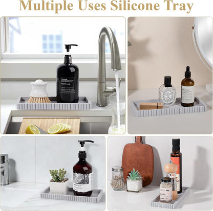 Silicone Bathroom Tray Small Vanity Organizer Rectangle Sink Caddy Sponge Holder Kitchen Counter Decor for Dish Soap, Perfume, Candle, Beige