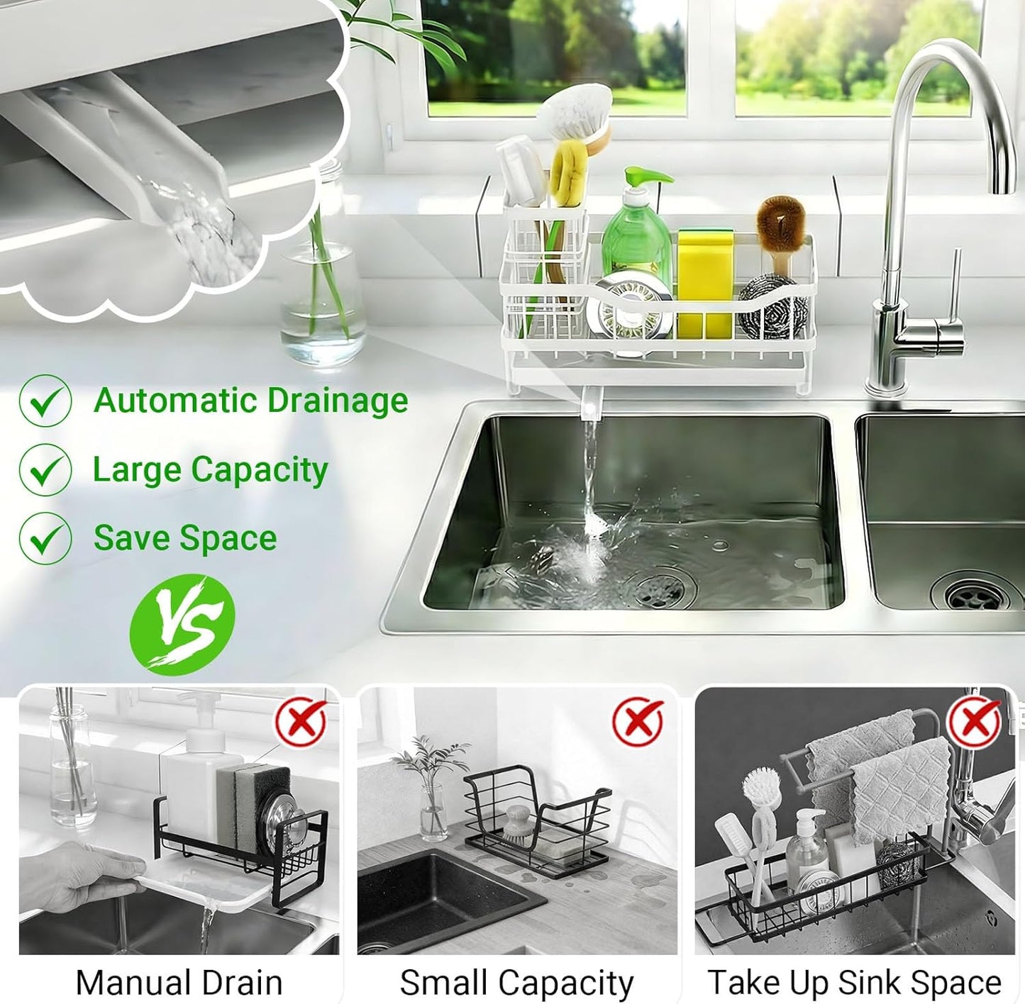 Sponge Holder for Kitchen Sink, Self-Draining Sink Caddy Organizer with Removable Brush Holder, Rustproof Metal Sponge Rack for Countertop, Fits Soap Dispenser & Scrubber, Black