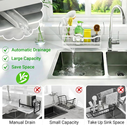 Sponge Holder for Kitchen Sink, Self-Draining Sink Caddy Organizer with Removable Brush Holder, Rustproof Metal Sponge Rack for Countertop, Fits Soap Dispenser & Scrubber, Black